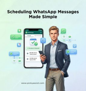 Business professional showcasing scheduled WhatsApp messages on a smartphone for automated broadcasting.