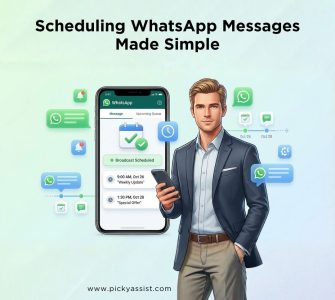 Business professional showcasing scheduled WhatsApp messages on a smartphone for automated broadcasting.