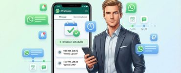 Business professional showcasing scheduled WhatsApp messages on a smartphone for automated broadcasting.