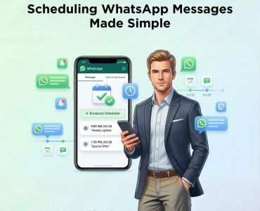 Business professional showcasing scheduled WhatsApp messages on a smartphone for automated broadcasting.