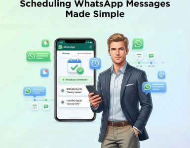 Business professional showcasing scheduled WhatsApp messages on a smartphone for automated broadcasting.