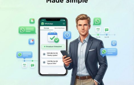 Business professional showcasing scheduled WhatsApp messages on a smartphone for automated broadcasting.