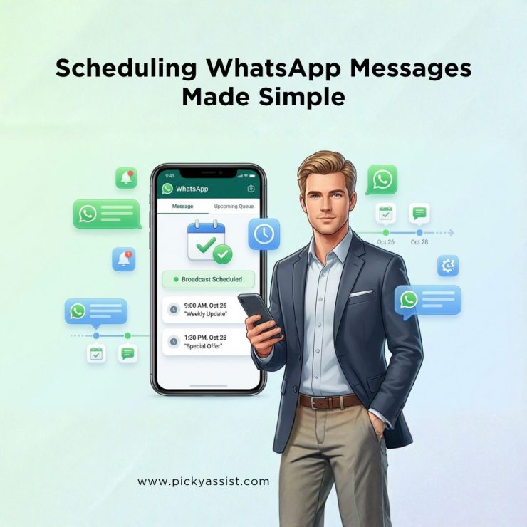 Business professional showcasing scheduled WhatsApp messages on a smartphone for automated broadcasting.