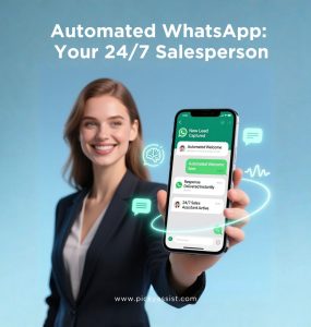 Female professional holding a smartphone displaying automated WhatsApp messages on a light blue background showcasing 24/7 sales automation.