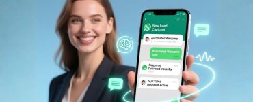 Female professional holding a smartphone displaying automated WhatsApp messages on a light blue background showcasing 24/7 sales automation.