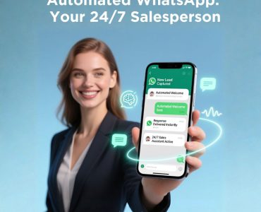 Female professional holding a smartphone displaying automated WhatsApp messages on a light blue background showcasing 24/7 sales automation.