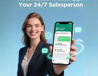 Female professional holding a smartphone displaying automated WhatsApp messages on a light blue background showcasing 24/7 sales automation.