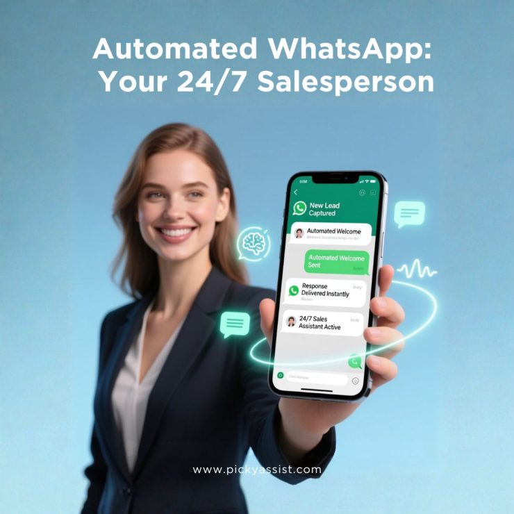 Female professional holding a smartphone displaying automated WhatsApp messages on a light blue background showcasing 24/7 sales automation.