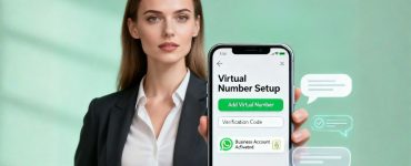 Model showing WhatsApp virtual number setup on phone