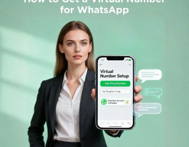 Model showing WhatsApp virtual number setup on phone