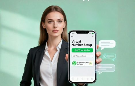 Model showing WhatsApp virtual number setup on phone