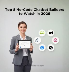 Comparison of top 8 no-code AI chatbot builders in 2026 showing WhatsApp automation platforms and chatbot workflow interfaces