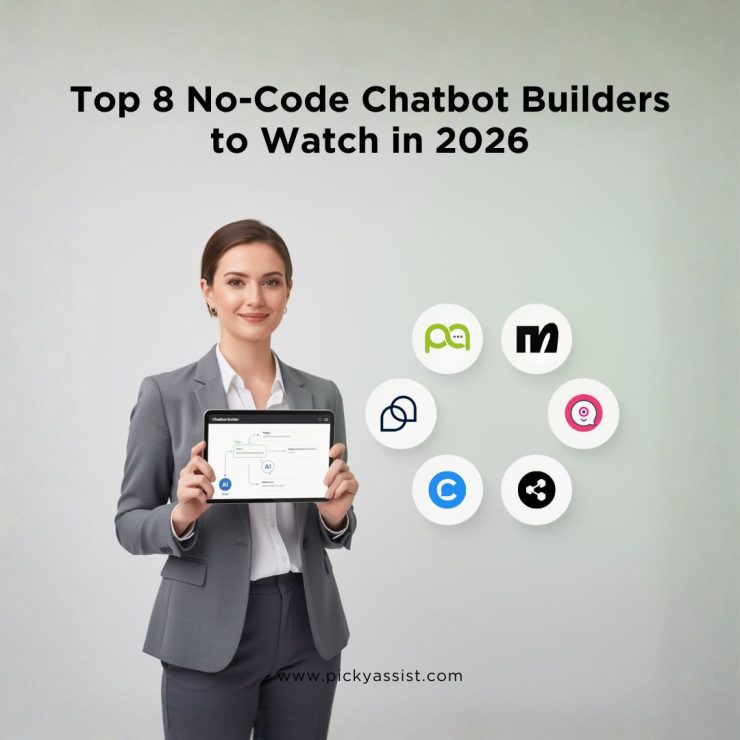 Comparison of top 8 no-code AI chatbot builders in 2026 showing WhatsApp automation platforms and chatbot workflow interfaces