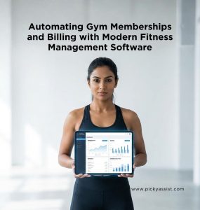 Fitness model viewing Picky Assist gym management software dashboard showing automated memberships and billing on a light background