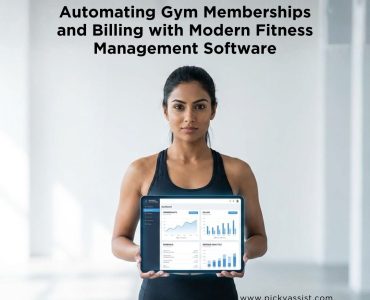 Fitness model viewing Picky Assist gym management software dashboard showing automated memberships and billing on a light background