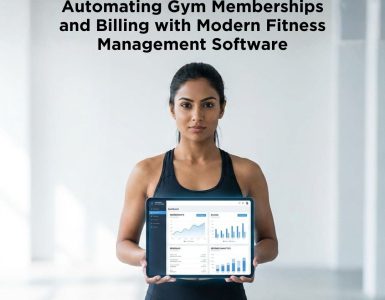 Fitness model viewing Picky Assist gym management software dashboard showing automated memberships and billing on a light background