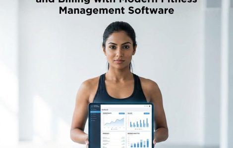 Fitness model viewing Picky Assist gym management software dashboard showing automated memberships and billing on a light background