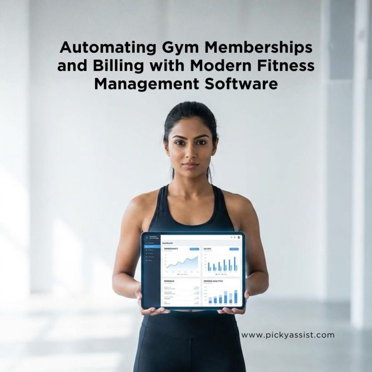 Fitness model viewing Picky Assist gym management software dashboard showing automated memberships and billing on a light background