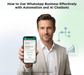 Fair-skinned male professional using WhatsApp Business automation and AI chatbots to manage customer conversations with Picky Assist