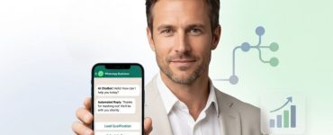 Fair-skinned male professional using WhatsApp Business automation and AI chatbots to manage customer conversations with Picky Assist