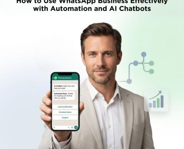Fair-skinned male professional using WhatsApp Business automation and AI chatbots to manage customer conversations with Picky Assist