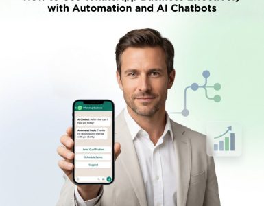 Fair-skinned male professional using WhatsApp Business automation and AI chatbots to manage customer conversations with Picky Assist