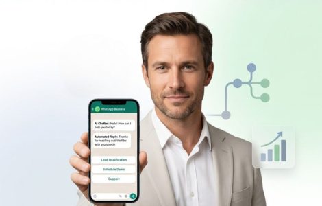 Fair-skinned male professional using WhatsApp Business automation and AI chatbots to manage customer conversations with Picky Assist