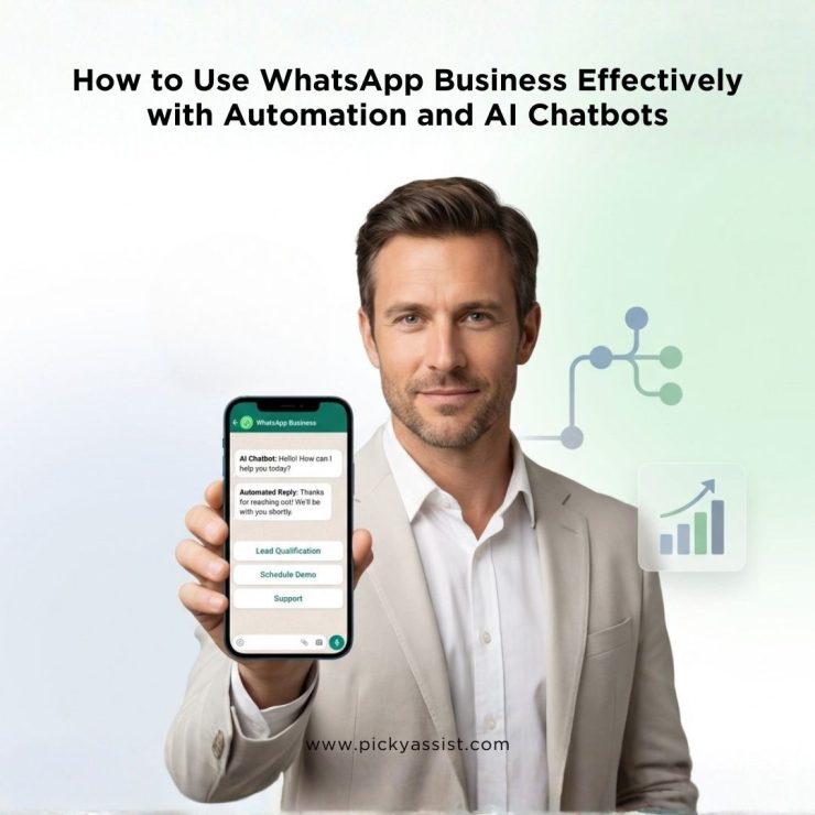 Fair-skinned male professional using WhatsApp Business automation and AI chatbots to manage customer conversations with Picky Assist