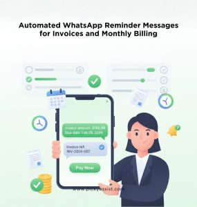 Animated WhatsApp reminder message showing invoice and monthly billing payment automation