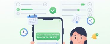 Animated WhatsApp reminder message showing invoice and monthly billing payment automation