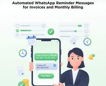 Animated WhatsApp reminder message showing invoice and monthly billing payment automation