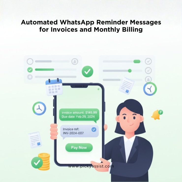 Animated WhatsApp reminder message showing invoice and monthly billing payment automation