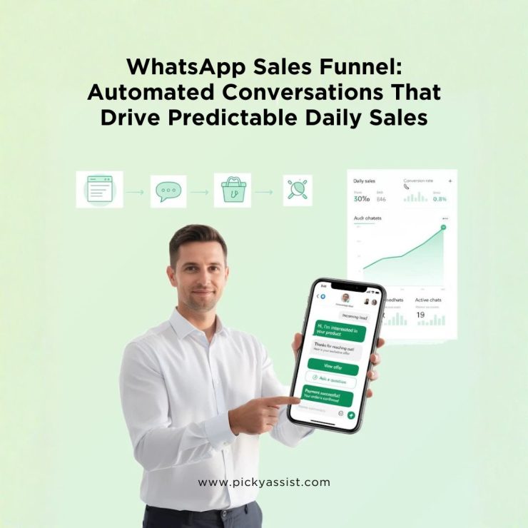 Automated WhatsApp sales funnel showing conversational chat flow that drives predictable daily sales using Picky Assist