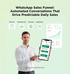 Automated WhatsApp sales funnel showing conversational chat flow that drives predictable daily sales using Picky Assist