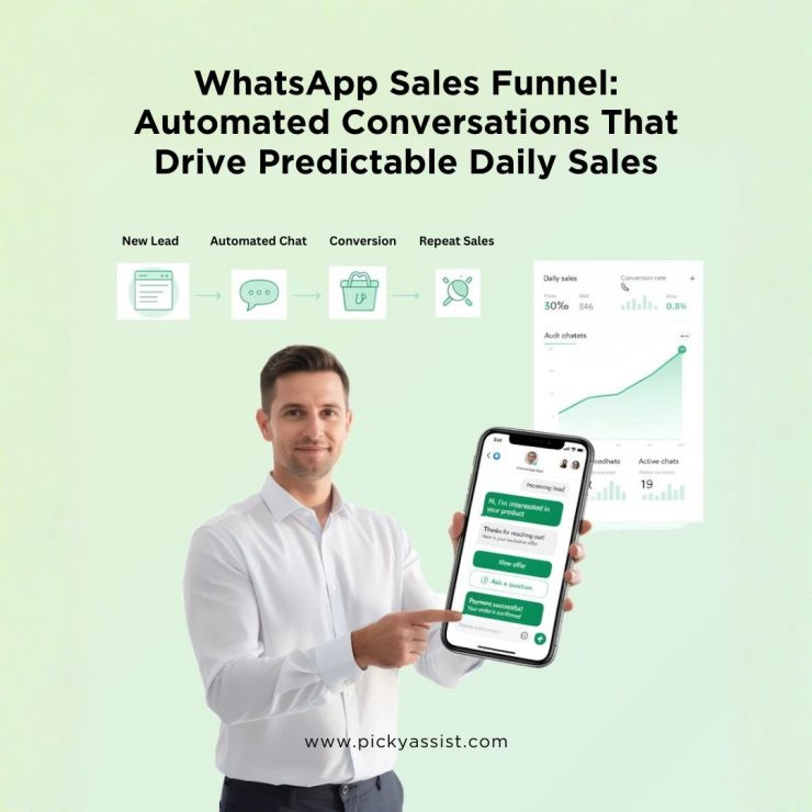 Automated WhatsApp sales funnel showing conversational chat flow that drives predictable daily sales using Picky Assist