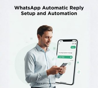 WhatsApp automatic reply system showing instant responses, chatbot automation, and business dashboard on mobile device