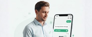 WhatsApp automatic reply system showing instant responses, chatbot automation, and business dashboard on mobile device