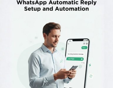 WhatsApp automatic reply system showing instant responses, chatbot automation, and business dashboard on mobile device