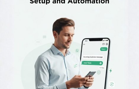 WhatsApp automatic reply system showing instant responses, chatbot automation, and business dashboard on mobile device
