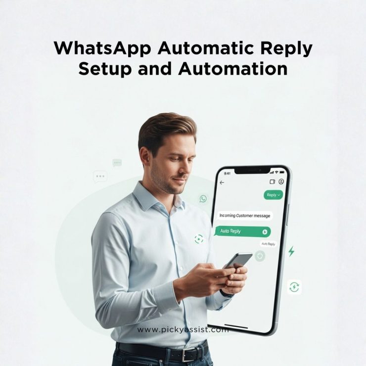 WhatsApp automatic reply system showing instant responses, chatbot automation, and business dashboard on mobile device