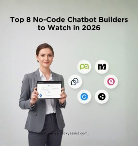 Comparison of top 8 no-code AI chatbot builders in 2026 showing WhatsApp automation platforms and chatbot workflow interfaces