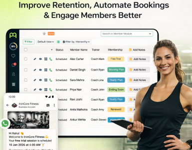 Gym CRM software dashboard showing member management and scheduling