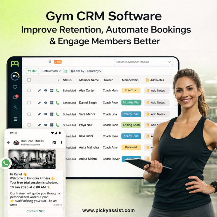 Gym CRM software dashboard showing member management and scheduling
